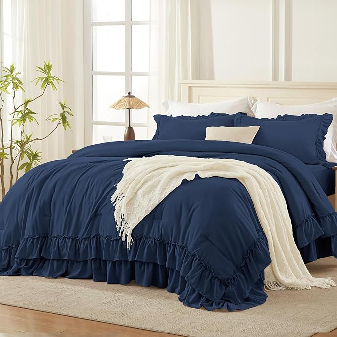 Andency Navy Blue California King Comforter Set (104x96Inch), 3 Pieces Farmhouse Shabby Chic Ruffle Bedding Comforter Sets, Lightweight Fluffy Soft Microfiber All Season Bed Set