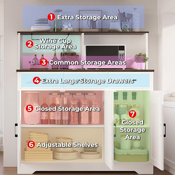 GarveeHome Farmhouse Sideboard Buffet Cabinet with Microwave Stand, Barn Doors Buffet Storage Cabinet with Drawers and Shelves, Wood Coffee Bar Pantry for Kitchen, Dining Room, Living Room, White