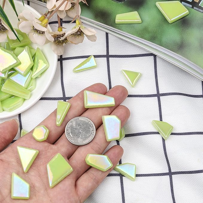 Youway Style Iridescent Green Glass Mosaic Tiles for Crafts Bulk,200g Broken Stained Glass Pieces for Crafts DIY Mosaic Art Decor