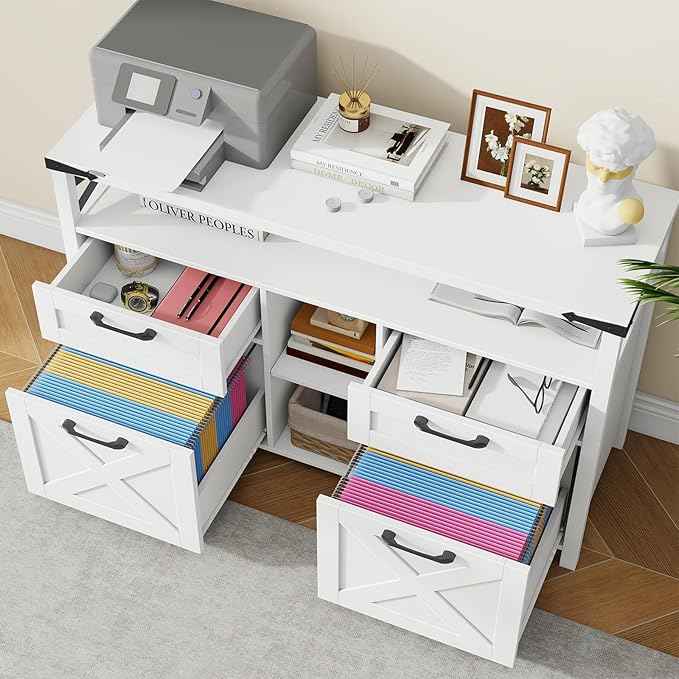 Farmhouse Filing Cabinet with Adjustable Shelf for Home Office, Lateral File Cabinets 4 Drawers with Open Storage Shelf, Filing Organization Storage Cabinets for Hanging Files Letter/A4.(White)