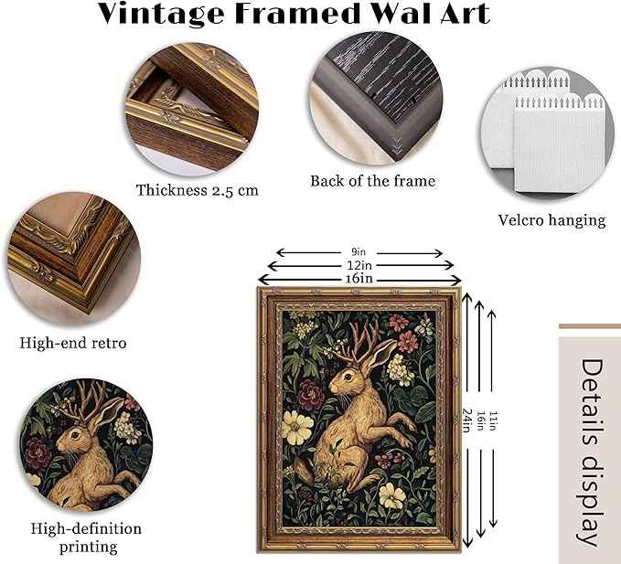 Vintage Gold Framed Bunny Wall Art Dark Botanical Cottagecore Mythical Folklore Art Painting Canvas Prints Dark Academia Floral Poster Gothic Hare Picture Artwork for Bedroom Living Room Home Decor