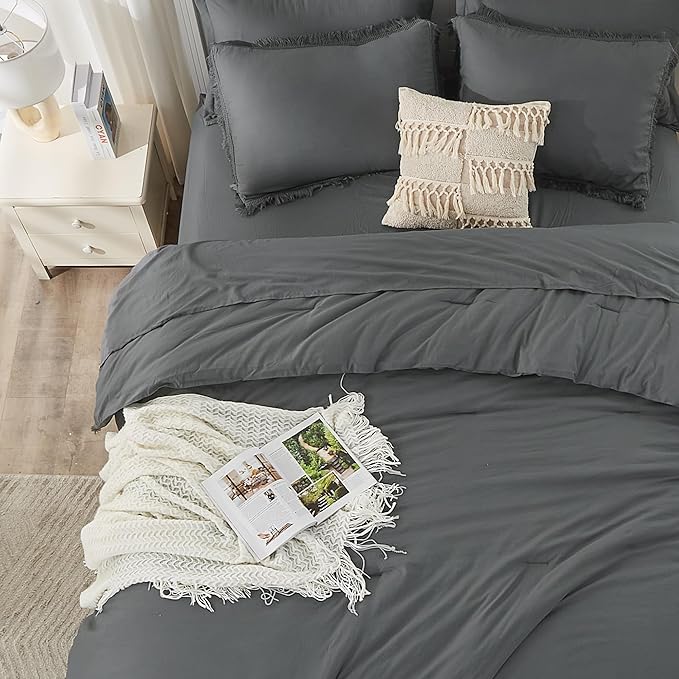 Andency Dark Grey Queen Size Comforter Set with Sheets - 7 Pieces Boho Tassel Bed in a Bag Soft Lightweight Bedding Sets, Dark Grey Fringe Bed Set with Comforter, Sheets, Pillowcases & Shams