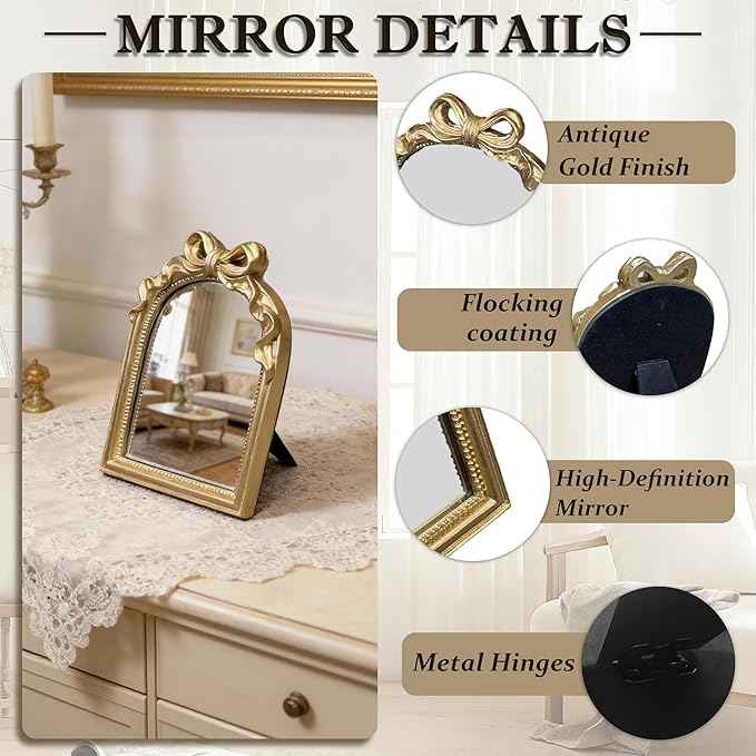 Vintage Carved Resin Desk Mirror - 8x6 Inch Decorative Vanity Mirror for Makeup, Dorm, Bedroom & Tabletop Deco (Bow Gold, 8" L x 6" W)