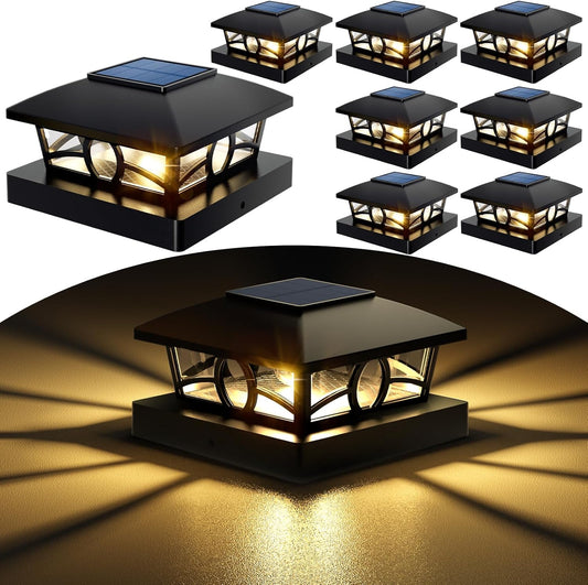 NIORSUN Solar Post Lights Outdoor, Fence Post Solar Lights Warm White Outdoor Waterproof Edison LED Bulbs Garden Patio Fence Deck Decor, Post Cap Lights 4x4 Wood Vinyl, Black 8 Pack