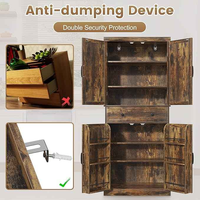 72" Tall Kitchen Pantry Cabinet, Rusty-Brown Pantry Storage Cabinet with Adjustable Shelves, Barn Doors and Drawer Farmhouse Cupboard for Kitchen, Dining Room, Bathroom (16" D x 30" W x 72" H)
