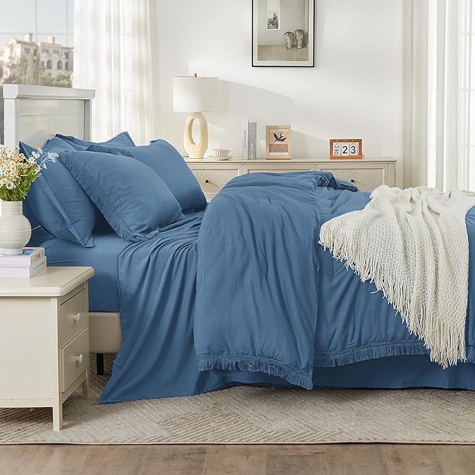 Andency Full Size Comforter Set Sea Blue -7 Pieces Boho Tassel Bed in a Bag Soft Lightweight Bedding Sets, Fringe All Season Bed Set with Comforter, Sheets, Pillowcases & Shams