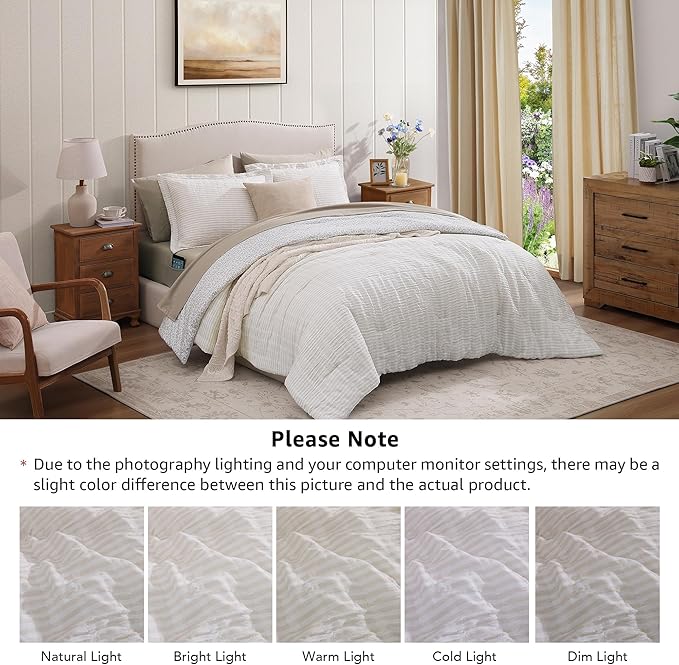 Full Comforter Set - 7 Pieces Beige Gauze Muslin Bedding Sets for All Seasons, Lightweight Breathable Bed in a Bag Full with Revesible Farmhouse Comforter, Sheets, Pillowcases & Shams