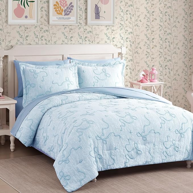Geniospin Light Blue Full Comforter Set for Girls- 7 Pieces Bowknot Jacquard Bed in A Bag Full Bedding Sets with Sheets, Pillowcases & Shams, All Season Kids Comforter Set