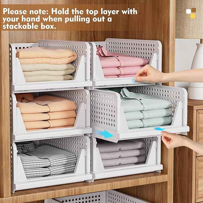 SNSLXH 5 Pack Stackable Closet Organizer Box, Multifunctional & Foldable Closet Storage Basket for Bathroom Kitchen Laundry Room Wardrobe Storage, Space-Saving Clothes Storage Drawer Organizer, Pink