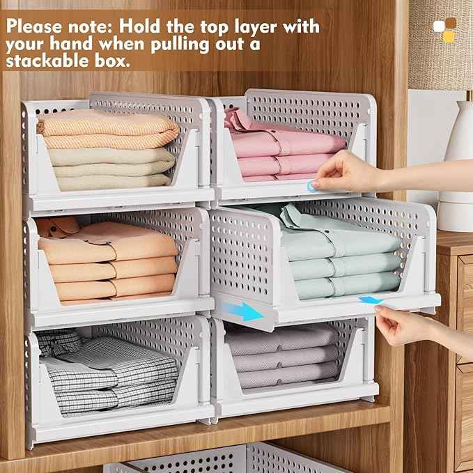 SNSLXH 8 Pack Stackable Closet Storage Bins, Multifunctional & Foldable Closet Organizers and Storage for Bathroom Kitchen Laundry Room Drawer Shelf Storage, Space-Saving Wardrobe Organizer, White