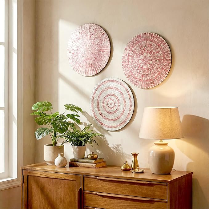 Tioncy 3 Pcs 11.8 Inches Modern Pink Mother of Pearl Shell Plate Preppy Coastal Pink Wall Art Mosaic Wall Sculpture Shell Handmade Hanging Plates Arts for Bedroom Bathroom Home Office Hotel