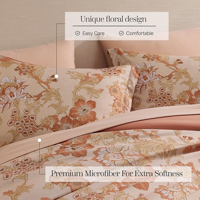 Queen Comforter Set -7 Pieces Terrecotta Floral Comforter Set for All Seasons, Bed in a Bag Queen with Botanical Flowers Comforter, Sheets, Pillowcases & Shams