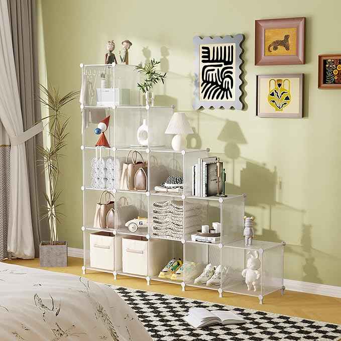AWTATOS Cube Storage Organizer, 16 Cube Closet Organizers and Storage Shelves, DIY Stackable Bookshelf for Bedroom, Home, Translucent Twill