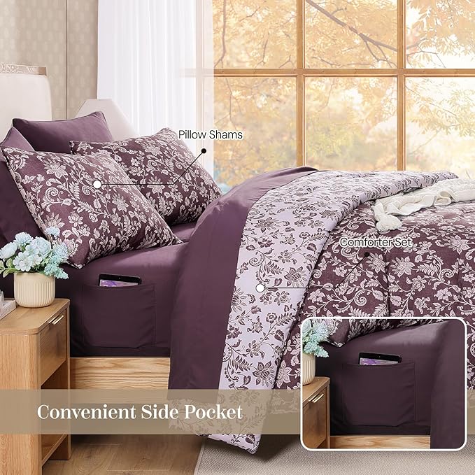 King Comforter Set -7 Pieces Floral Dark Purple Comforter Set for All Seasons, Bed in a Bag King with Botanical Flowers Comforter, Sheets, Pillowcases & Shams
