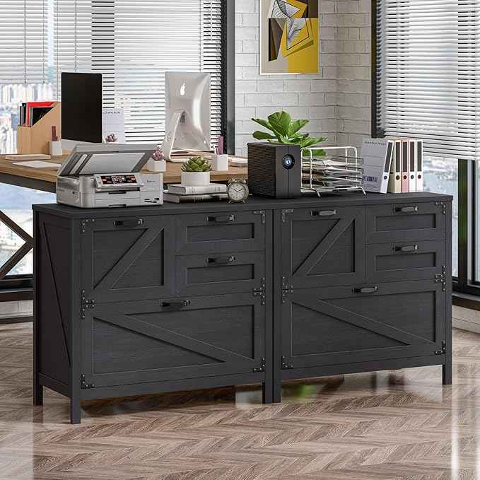 Vabches Wood Lateral File Cabinet with 4-Drawer for Hanging Files Letter/A4/Legal Size, Large Farmhouse Filing Cabinets for Home Office, Printer Stand with Office Cabinet, Office Furniture, Black