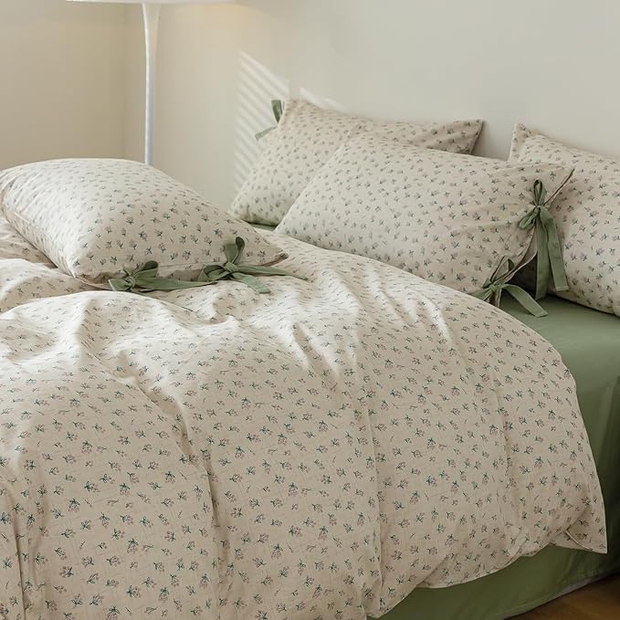 LifeTB Green Floral Comforter Set Queen Vintage Coquette Bedding Comforter for Girl Women Floral Botanical Comforter with 2 Bow Ties Pillowcases Cottagecore Bedding Flowers Comforter Set Queen Size