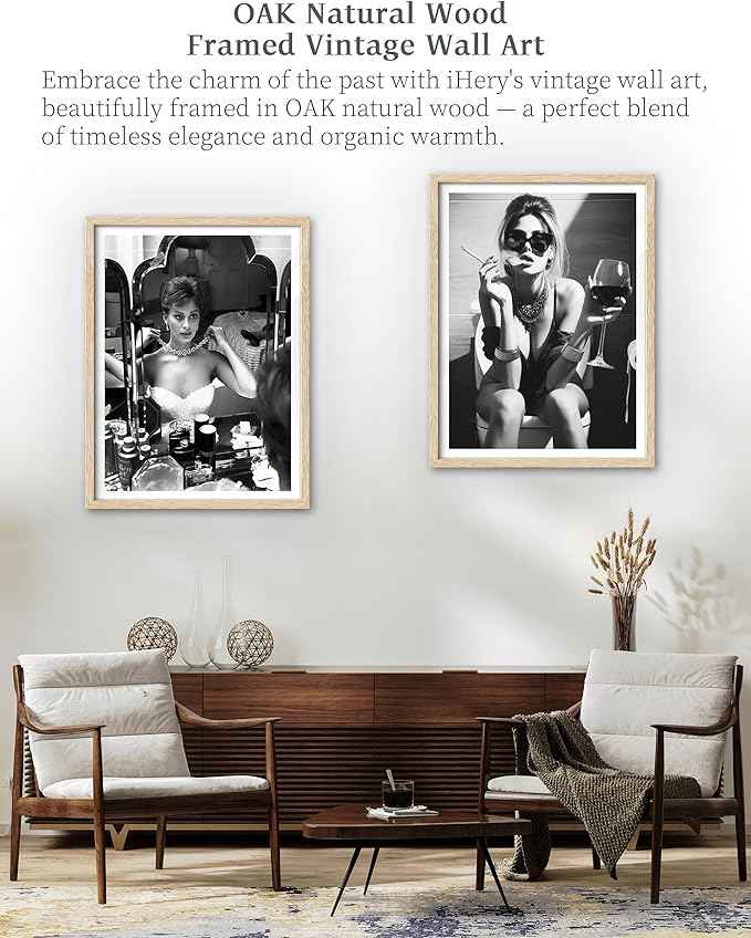 iHery Natural OAK Wood Framed Girl On Toilet Wall Art, 12x16in Canvas Woman On Toilet Smoking and Drinking Wine, Black and White Print, Funny Bathroom Art, Retro Wall Decor Set of 1