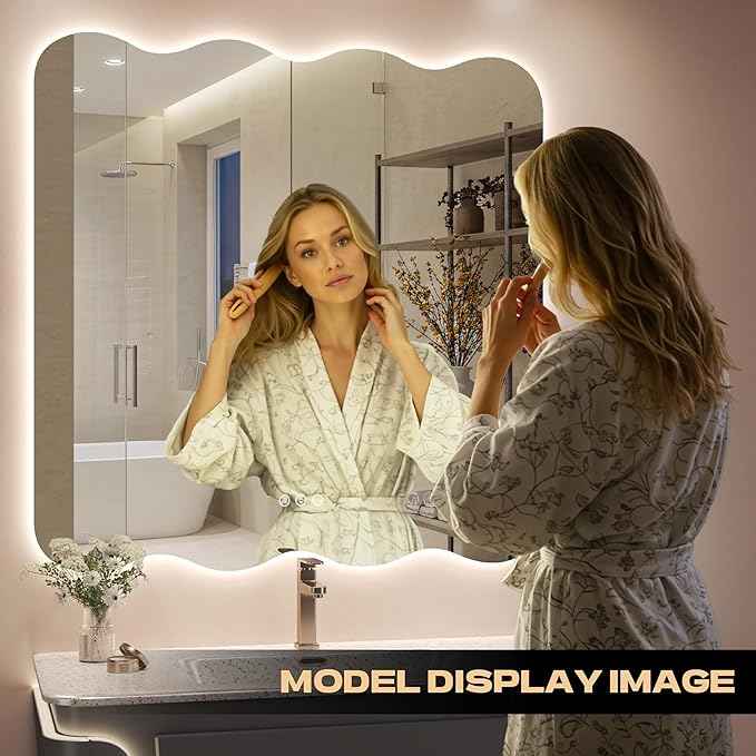 Hasipu Wavy Full Length Mirror with Lights - 28"×20" LED Wavy Floor Mirror, Frameless, Dimmable, Standing or Vertical/Horizontal Wall-Mounted Mirror for Bedroom, Living Room, Cloakroom