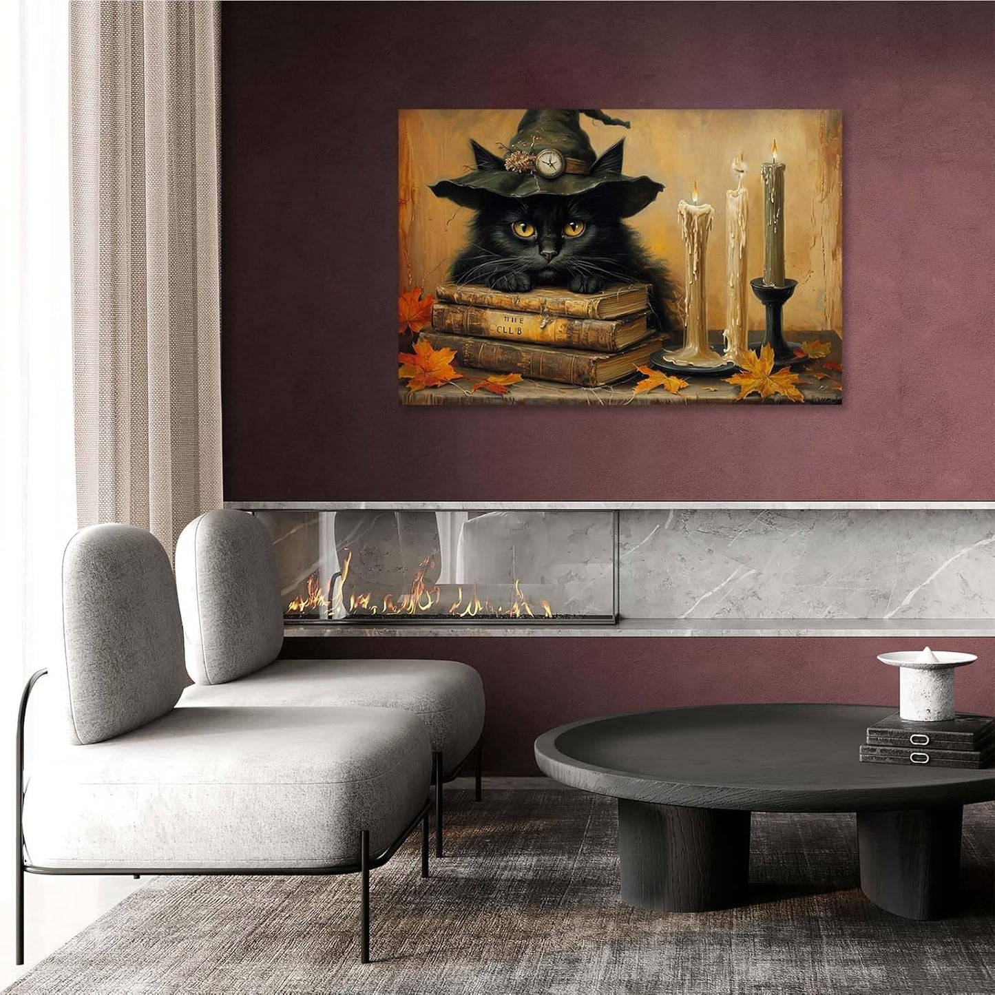 Vintage Halloween wall decoration black cat and magic book suitable for home bedroom living room decoration dark classic art witch wall decoration8x12in Wood Framed