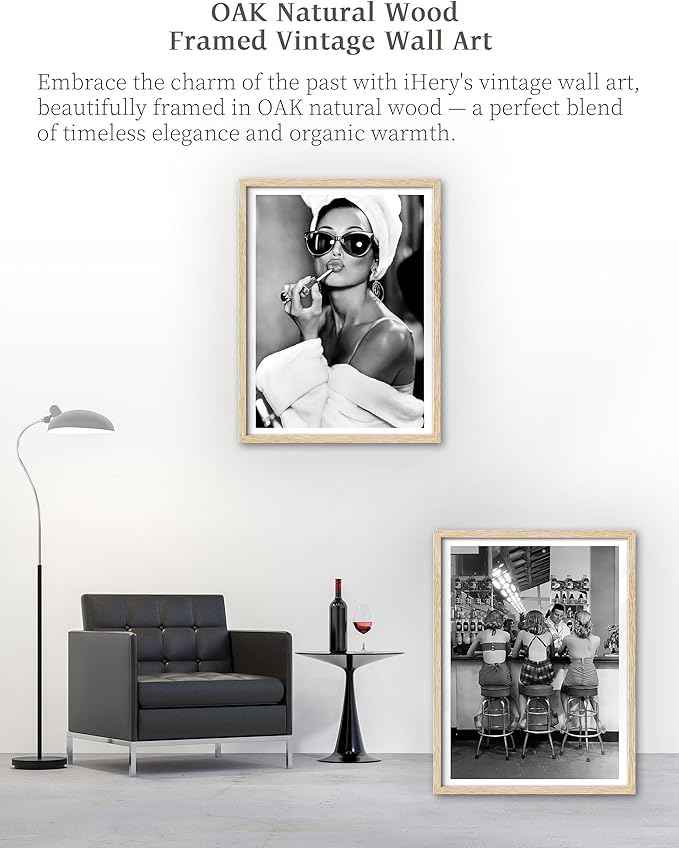 iHery Natural OAK Wood Audrey Hepburn Trendy Framed Wall Art, 12x16 in Vintage Canvas Bedroom Wall Decor, Beige Logs Retro Bathroom Art, Better Late Than Ugly, Set of 1 Apartment Girly Dorm Room