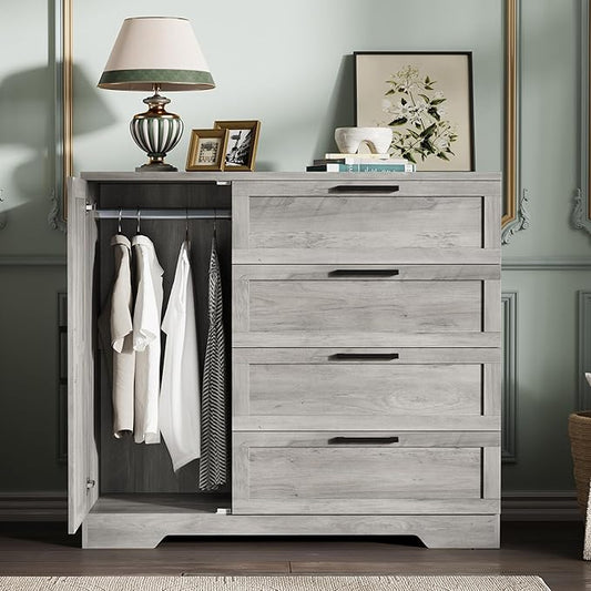GarveeHome Wood Armoire Wardrobe Closet with 4 Drawers and Door, 43.3 in H Bedroom Wardrobe Cabinet with Hanging Rod, Clothing Storage Cabinets, 4 Drawers Dresser with Storage Closet, Gray