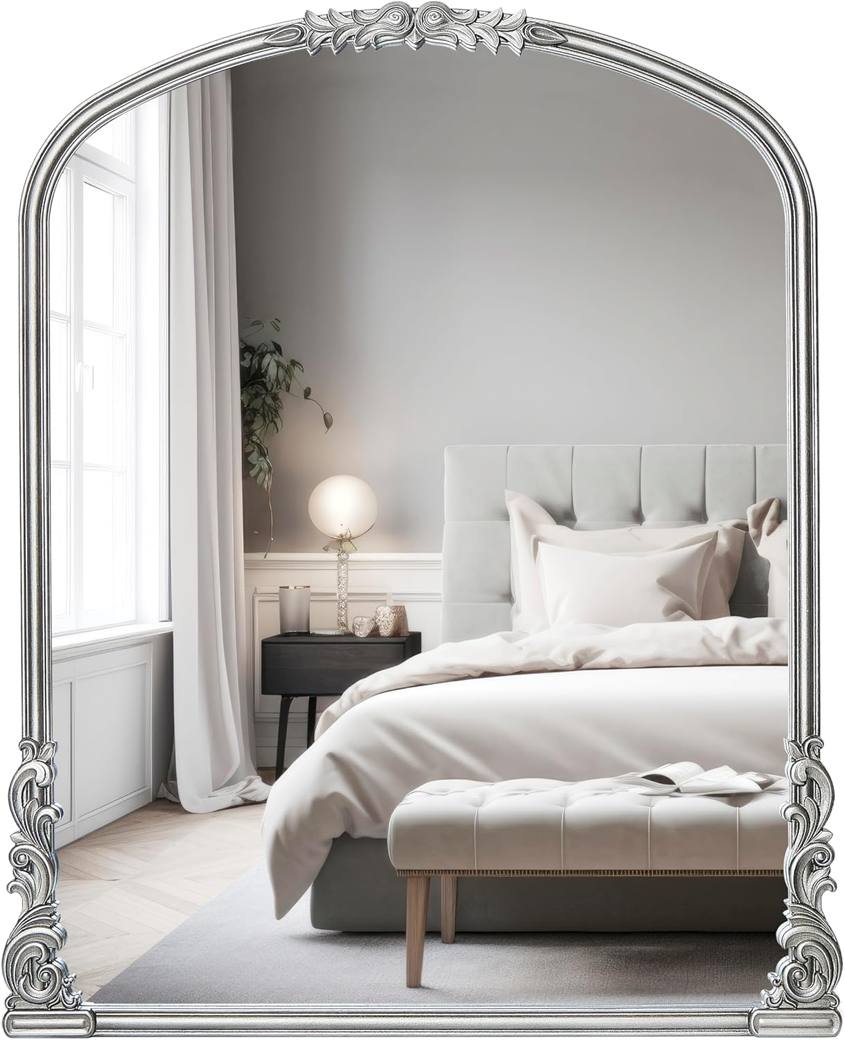 English Estate Carved Arch Wood Wall Mirror, Mirror for Entryway, Living Room, Bathroom, Antique Silver, 25.6x33.4