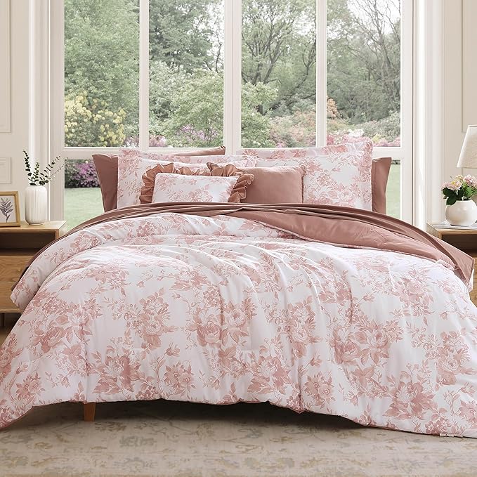 Oversized Queen Comforter Set -7 Pieces Floral Rose Bedding Set for All Seasons, Bed in a Bag with Botanical Flowers Comforter, Sheets, Pillowcases & Shams
