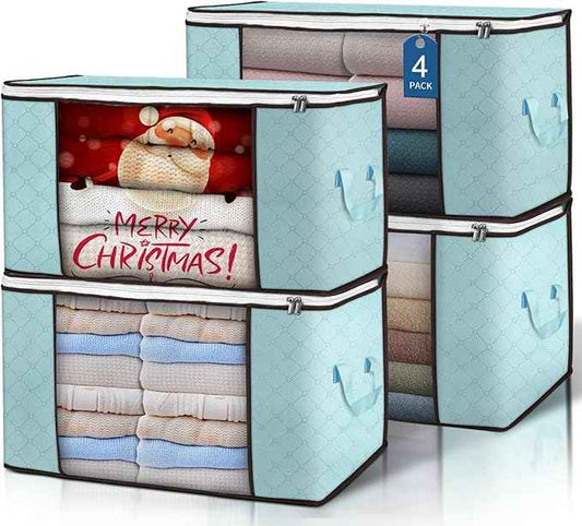 Budding Joy 90 L Large Storage Bags, 4 Pack Clothes Storage Bins Foldable Closet Organizer Storage Containers Storage and Organization for Clothes, Blanket, Comforters, Bed Sheets, Pillows (Blue)