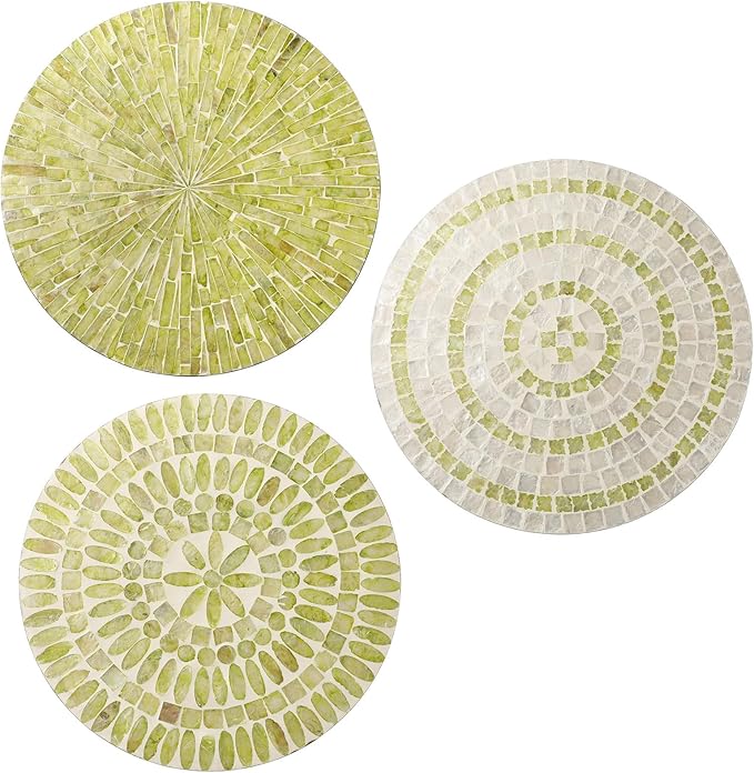 Tioncy 3 Pcs 11.8 Inches Spring Lime Green Mother of Pearl Shell Plate Lime Green Wall Art Mosaic Wall Sculpture Shell Handmade Hanging Plates Arts for Bedroom Bathroom Home Office Hotel