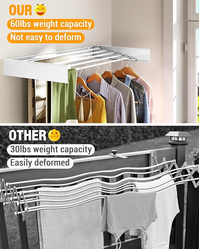 Wall Mounted Drying Rack 40", 5 Aluminum Poles, 60 lb. Load Capacity, Foldable, Retractable, Space Saving Clothes Drying Rack (40" White)