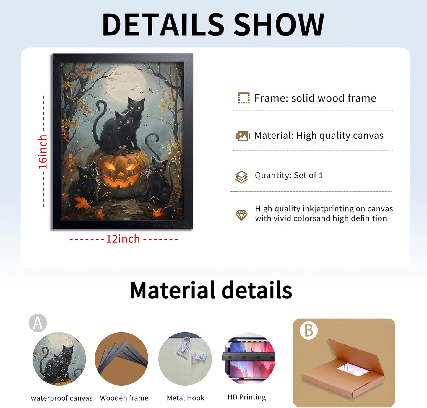 Halloween Black Cat Wall Art, Dark Academia Spooky Pumpkin Poster Wall Decor, Vintage Gothic Witchy Cat Canvas Print, for Bedroom Living Room Aesthetic Decor 12x16 Inch Wood Framed