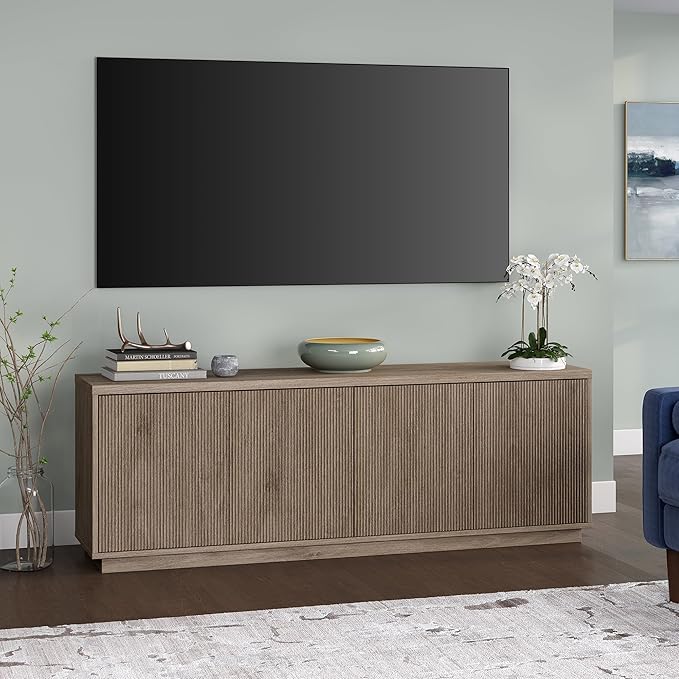 Henn&Hart Fluted TV Stand for TVs up to 75" with 2 Concealed Ribbed Storage Cabinets and Adjustable Shelves for Living Room, Family Room, or Office, Weathered Gray