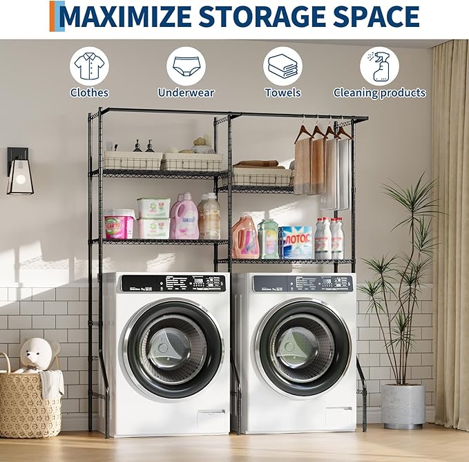 Over Washer and Dryer Storage Shelves, Adjustable Height 4-Tier Clothes Drying Rack with Hanger Rod & Hook, Heavy Duty Laundry Room Storage Organization, Space Saving, Black