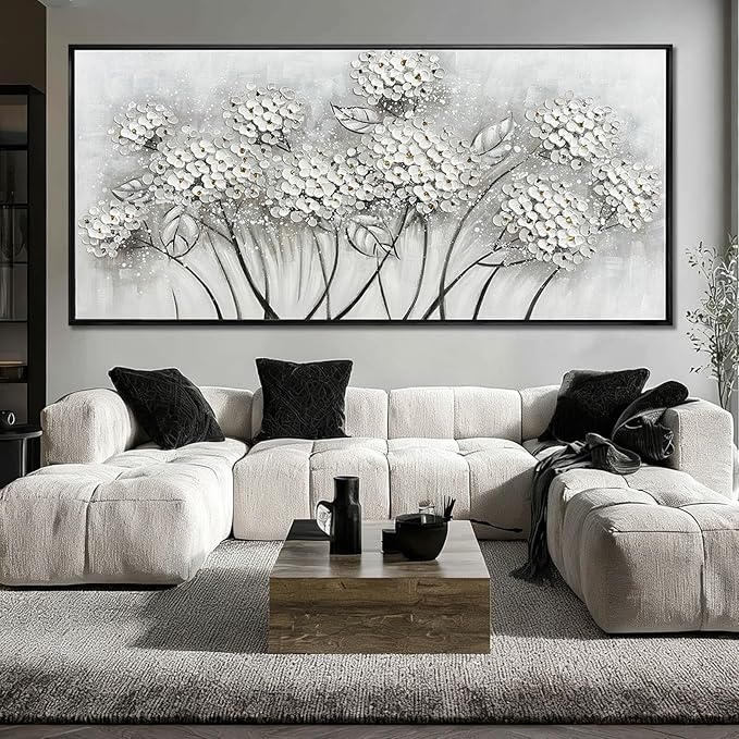 Kureful Grey and White Hand Painted Wall Art Flower Canvas Artwork Contemporary Oil Paintings 40"x86" Decorations for Bedroom Office