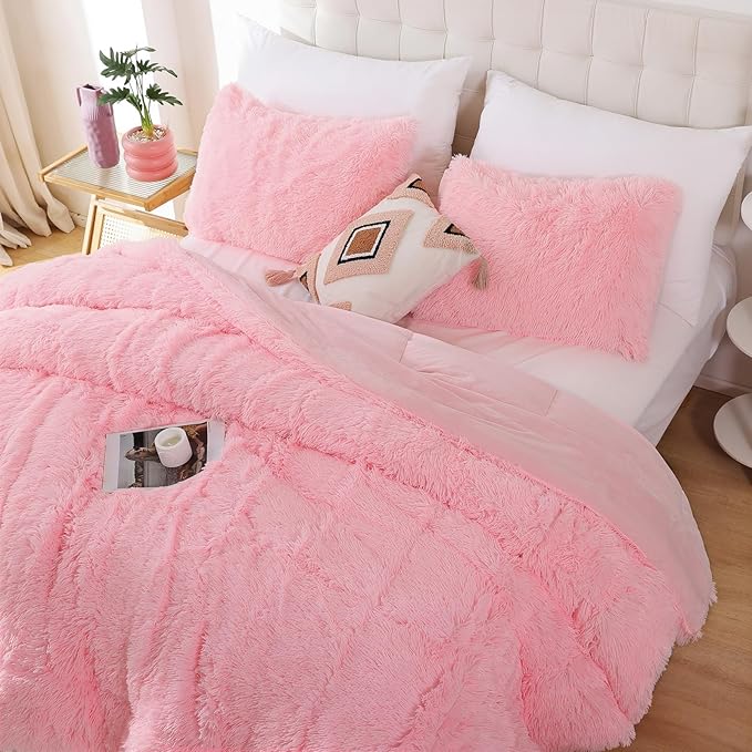 Smoofy Fluffy King Size Comforter Set, Faux Fur Pink Comforter Set, Luxury Fuzzy King Bedding Set, Soft Shaggy Bed Set for All Season, 3 Pieces - 1 Comforter & 2 Pillowcases,