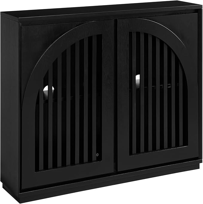 KEIKI 39" Mid Century Modern Fluted Sideboard Cabinet with Storage & Outlet Holes, Narrow Buffet Cabinet, Solid Wood + MDF, for Living Room, Entryway, Hallway, Kitchen, Coffee Bar, Black