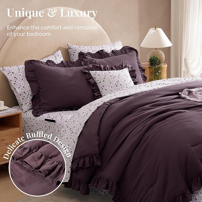 Oversized King Comforter Set - 7 Pieces Ruffle Dark Purple Bedding Sets, Shabby Chic Farmhouse Bed in a Bag with Ruffle Comforter, Floral Sheets, Pillowcases & Shams