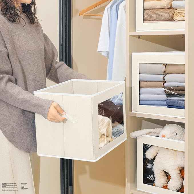Storage Bins with Lids - Medium Storage Box with Lids, Foldable Closet Boxes for Organizing, Stackable Clothes Organizer with Window, Cubes Bins for Living Room, 5 Pack, Beige