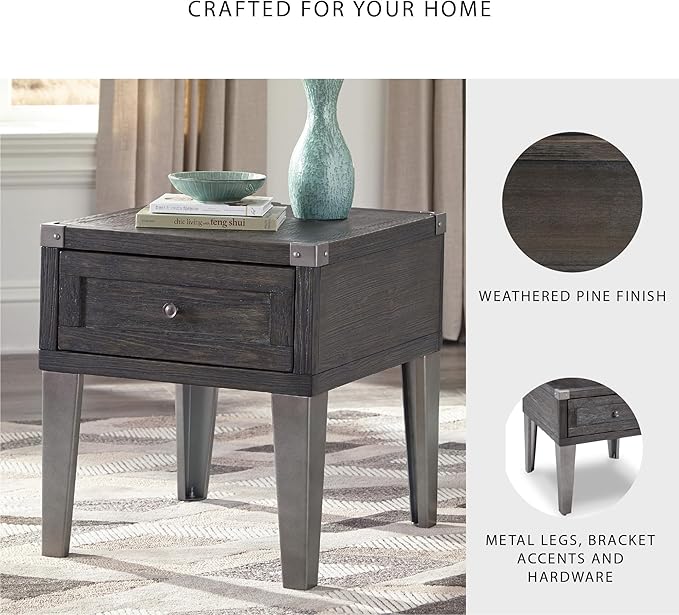 Signature Design by Ashley Todoe Industrial Square End Table with 1 Drawer, 2 Outlets and 2 USB Charging Ports, Dark Gray with Weathered Pine Finish