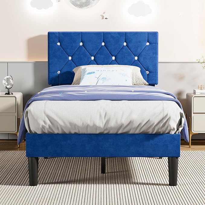 VECELO Twin Size Bed Frame, Upholstered Platform with Adjustable Diamond Tufted Headboard, Wood Slat Support, No Box Spring Needed, Navy Blue