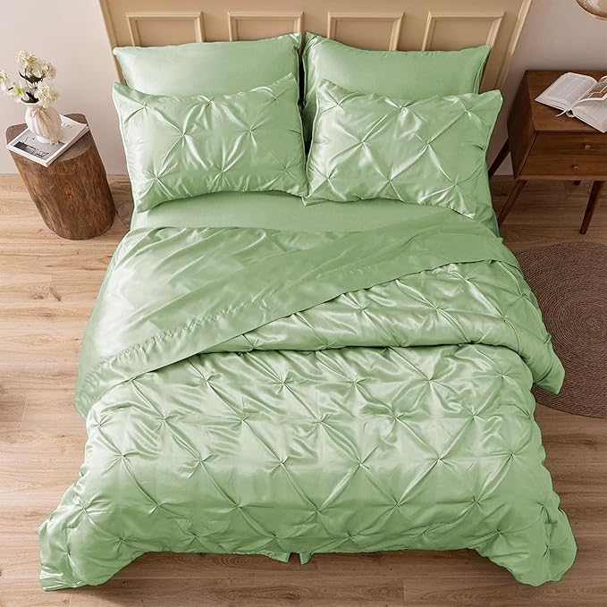 MR&HM Satin Comforter Queen 7 Pieces - Luxurious Pinch Pleat Bedding Set with Comforter, Flat Sheet, Fitted Sheet, Pillowcases & Shams, Super Silky Soft Bed Set for All Season (Queen, Light Sage)