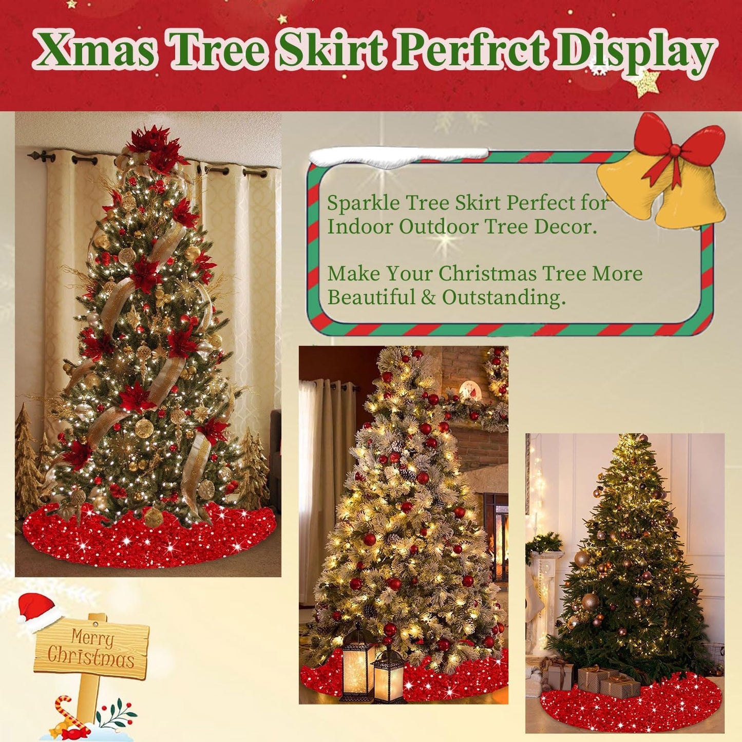 MODFUNS Sequin Christmas Tree Skirt Red Tree Skirt 46 Inch Sparkly Christmas Tree Skirt Thick Velvet Tree Mat Large Sequins Tree Skirts Collar Shimmer Tree Skirts for Christmas New Year Party