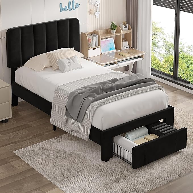 VECELO Twin Size Upholstered Bed Frame with 4 Drawers and Headboard, Velvet Platform Storage Bedframe, Wooden Slats Support, No Box Spring Needed,Black