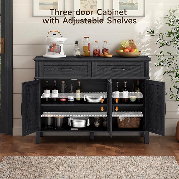 48 Inches Sideboard Buffet Cabinet with Storage, Farmhouse Sideboard Buffet w/2 Drawers and 3 Doors, Kitchen Cabinet with Adjustable Shelf, Wood Kitchen Console Table for Living Room, Hallway, Black