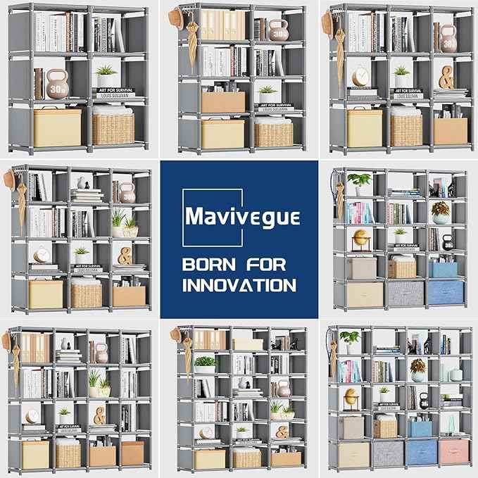 Mavivegue Bookshelf,18 Cube Storage Organizer,Extra Large Book Organizer,Tall Bookcase Shelf,Book Cases/Shelves,Grey Cube Shelf,Cubbies Closet Shelves for Bedroom,Living Room,Home,Office