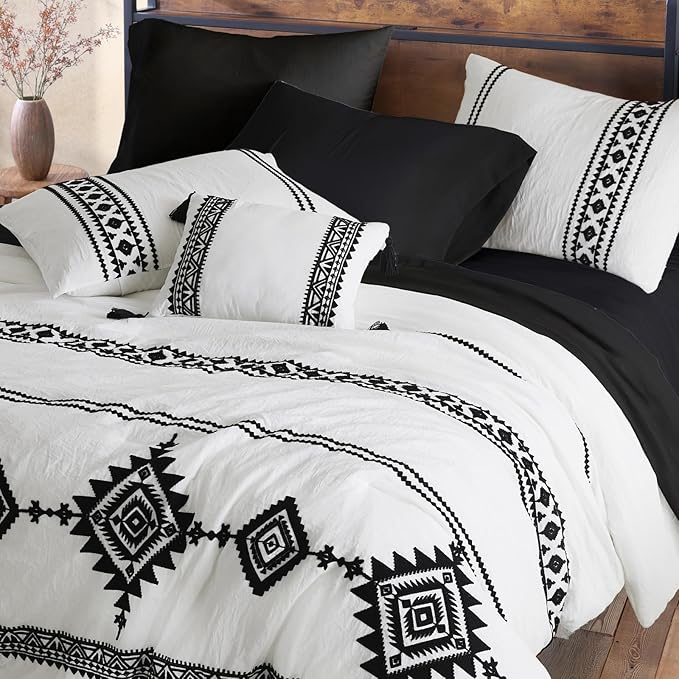 MaiRêve Embroidery Comforter Set, Boho Farmhouse Western Bedding Set, All Season Bed in A Bag Comforter Set with Sheets, Pillowcases & Shams, White California King 7 Pieces