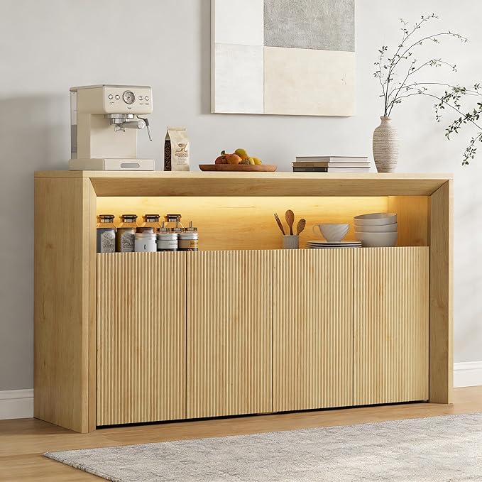 Feonase Buffet Cabinet with Storage & Led Lights, 66.2" Modern Sideboard Cabinet with 4 Doors & Shelves, Fluted Media Console Mid Century, Coffee Bar Table for Dining Room, Living Room, Kitchen, Oak