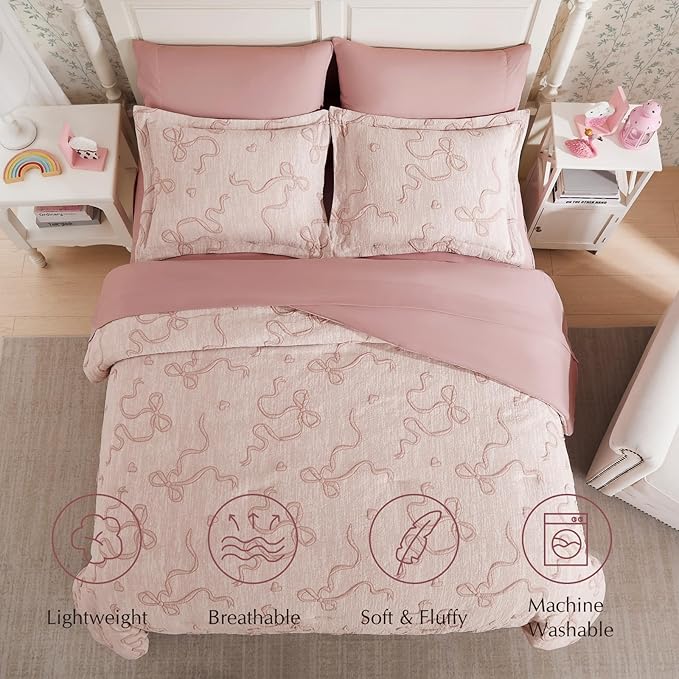 Geniospin Pink Full Comforter Set for Girls- 7 Pieces Bowknot Jacquard Bed in A Bag Full Bedding Sets with Sheets, Pillowcases & Shams, All Season Kids Comforter Set