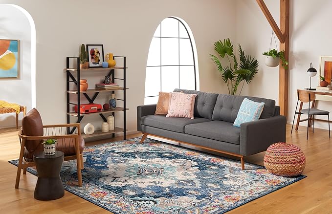SAFAVIEH Monaco Collection Area Rug - 6'7" x 9'2", Navy & Light Blue, Non-Shedding & Easy to Clean, Distressed Medallion Design, Ideal for Living Room, Bedroom, Dining Space (MNC243N)
