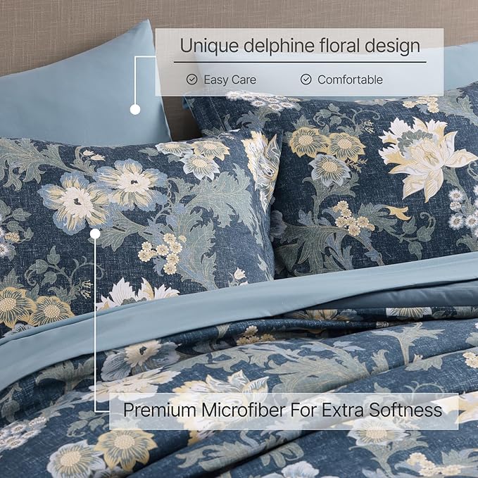 Queen Comforter Set -7 Pieces Floral Antique Blue Comforter Set for All Seasons, Bed in a Bag Queen with Botanical Flowers Comforter, Sheets, Pillowcases & Shams